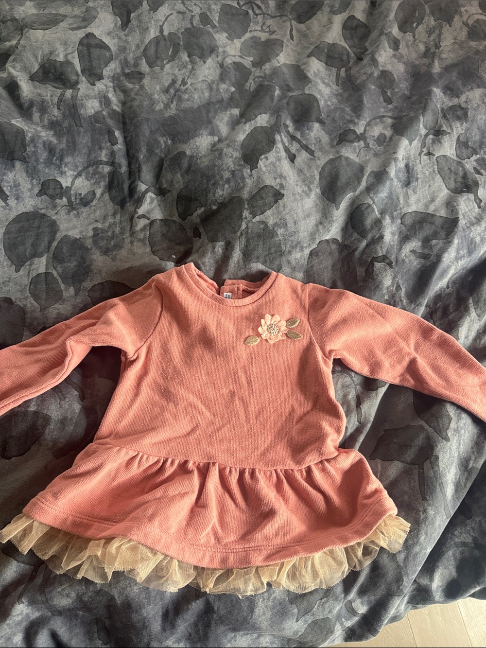 Mayoral Coral Pink Long-Sleeve Ruffle Tunic with Floral Applique